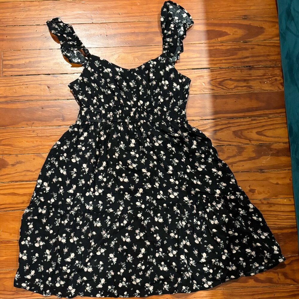Pink Rose - Floral Mini Dress - Black - Large